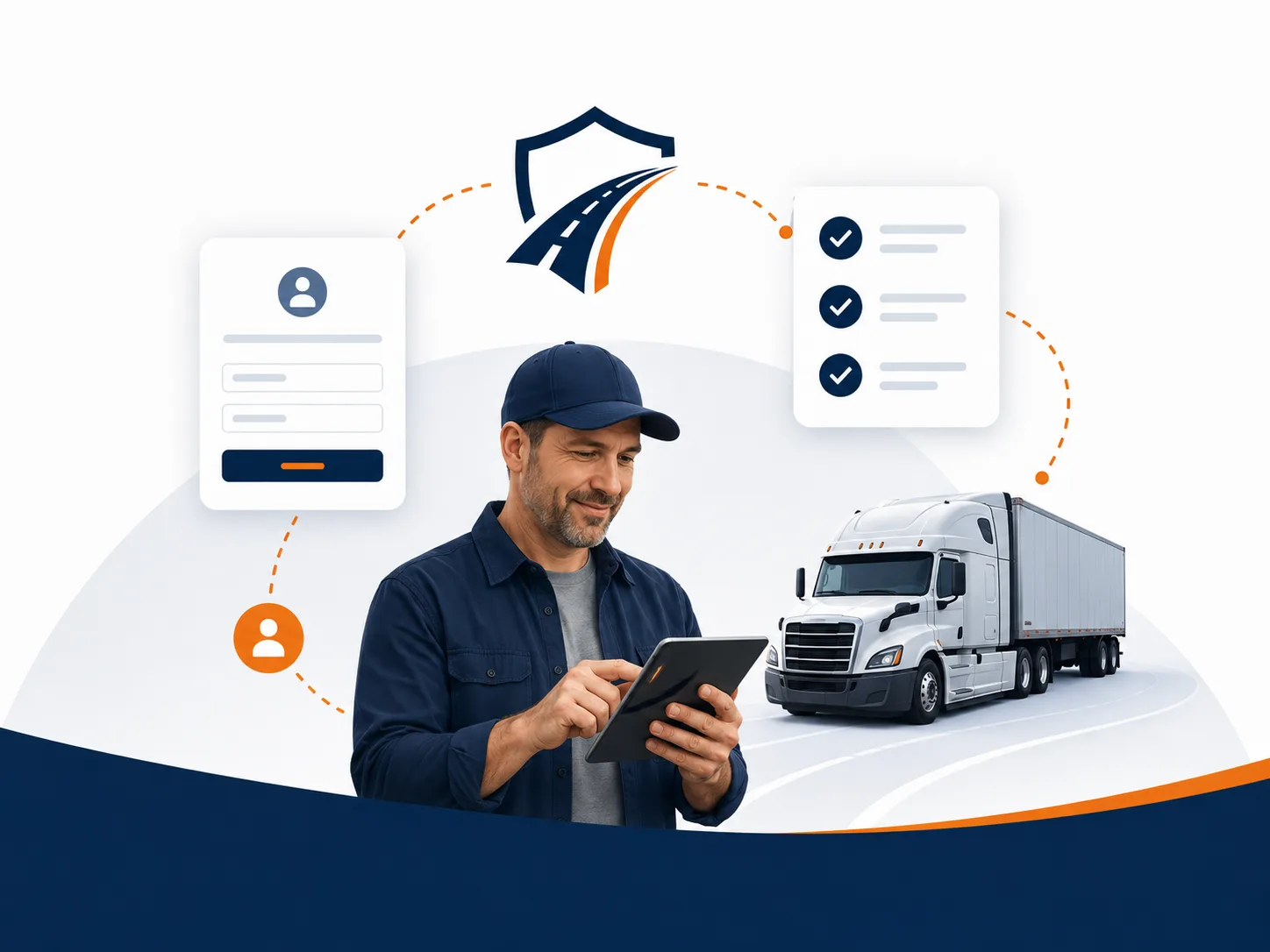 Independent driver using a tablet as a simple compliance checklist connects him to the road ahead